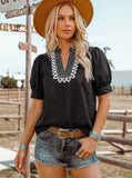 Western Puff Sleeve Contrast Embroidered Detail Blouse: Black
