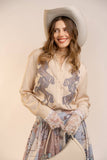 Horse Embroidered Button Blouse: SAND