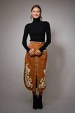 Suede Embroidered Patch Midi Skirt: CAMEL