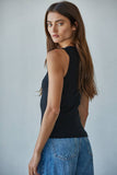 Knit Cotton Ribbed Round Neck Sleeveless Tank Top: Black