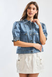 Puff-Sleeve Denim Jacket with Ruffled Collar: MEDIUM DENIM