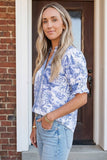 Western Wild Animal Paradise Striped Detail V Neck Blouse: Blue
