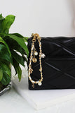 Inspired Pearl&Leather Interwoven Bag Charm Chain Strap: Black