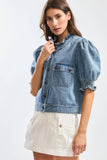 Puff-Sleeve Denim Jacket with Ruffled Collar: MEDIUM DENIM