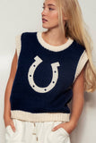 Western Horseshoe Crochet Knit Ribbed Trim Sweater Vest: NAVY