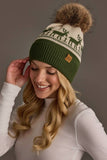 Panache - Olive & Beige Deer Patterned Pom Hat