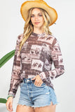 DELANY WESTERN RODEO PRINT SEMI SHEER MESH TOP: Brown