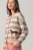 Horse Jacquard Striped Crew Neck Cardigan: Pink