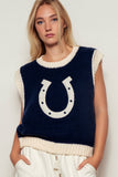 Western Horseshoe Crochet Knit Ribbed Trim Sweater Vest: NAVY