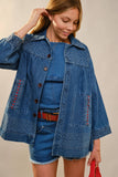 Embroidery Detailed Over Sized Denim Jacket: MED WASH