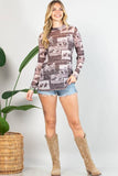 DELANY WESTERN RODEO PRINT SEMI SHEER MESH TOP: Brown