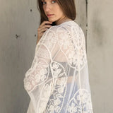 Contrast Mesh Cotton Lace Longline Kimono - Ivory