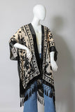 Western Velvet Mesh Tapestry Tassel Kimono: Black