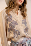 Horse Embroidered Button Blouse: SAND