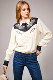 Embroidered Contrast Yoke Western Shirt: CREAM BLACK