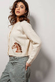 Western Horse Graphic Button Front Cropped Cardigan Sweater: IVORY