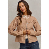 Mini Checkered Button Down Ruffled Jacket: BROWN )