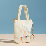Mini Canvas Bag Charm  Pouch with Mediterranean Graphic & Chain Keyring