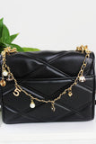 Inspired Pearl&Leather Interwoven Bag Charm Chain Strap: Black