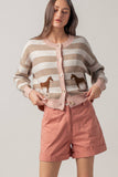 Horse Jacquard Striped Crew Neck Cardigan: Pink