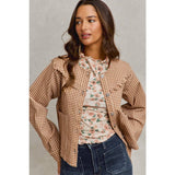 Mini Checkered Button Down Ruffled Jacket: BROWN )