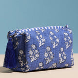 Blue Quilted Floral Cosmetic Pouch – Zipper Makeup Bag with Tassel: Blue