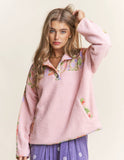 Henley Floral Color Block Sweater Top: Pink Dream