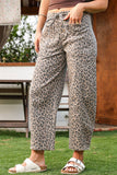 Fashion-W Leopard Drawstring Waist Pocketed Wide Leg Jeans