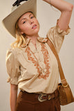 Embroidered Scallop Collar Puff Sleeve Top: TAUPE