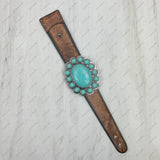 Brown leather with large blue turquoise stone oval concho bracelet