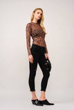 Leopard Mesh Mock Neck Fitted Top: LEOPARD