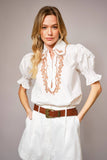 Embroidered Scallop Collar Puff Sleeve Top: OFF WHITE