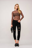 Leopard Mesh Mock Neck Fitted Top: LEOPARD