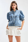 Puff-Sleeve Denim Jacket with Ruffled Collar: MEDIUM DENIM