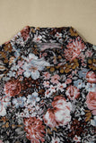 Boho Floral Print Mock Neck Short Sleeve Mesh Top: Brown