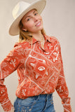Western Printed Long Sleeve Button-Up Shirt: OFF WHITE RUST