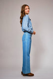 Ruffle Neck Denim Snap Button Shirt: WASHED BLUE