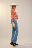 Western Printed Long Sleeve Button-Up Shirt: OFF WHITE RUST