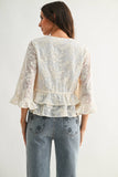 Boho Embroidered Sheer Blouse Flowy Bell Sleeves: CREAM