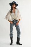 Boho Embroidered Sheer Blouse Flowy Bell Sleeves: CREAM