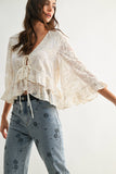 Boho Embroidered Sheer Blouse Flowy Bell Sleeves: CREAM