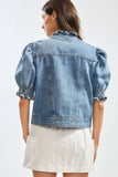 Puff-Sleeve Denim Jacket with Ruffled Collar: MEDIUM DENIM