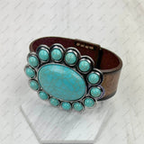 Brown leather with large blue turquoise stone oval concho bracelet