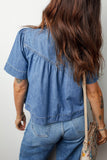 Seam Pleated Detail Half Button Short Sleeve Denim Top: Blue