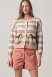 Horse Jacquard Striped Crew Neck Cardigan: Pink