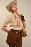 Embroidered Scallop Collar Puff Sleeve Top: TAUPE