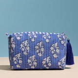 Blue Quilted Floral Cosmetic Pouch – Zipper Makeup Bag with Tassel: Blue