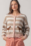 Horse Jacquard Striped Crew Neck Cardigan: Pink