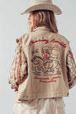Western Sunset Embroidered Denim Vest: OATMEAL