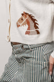 Western Horse Graphic Button Front Cropped Cardigan Sweater: IVORY